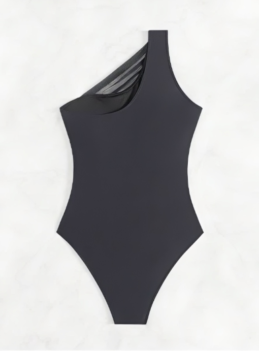 Black Swim Women's One-Shoulder Sleeveless Pleated Slim Fit One-Piece - Image 4