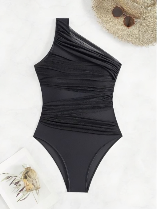 Black Swim Women's One-Shoulder Sleeveless Pleated Slim Fit One-Piece - Image 3