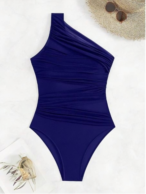 Navy Blue Swim Women's One-Shoulder Sleeveless Pleated Slim Fit One-Piece - Image 3
