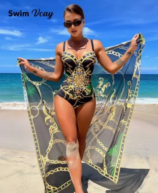 Multicolor Swimsuit Vcay Chain Print Push Up One Piece With Beach Skirt