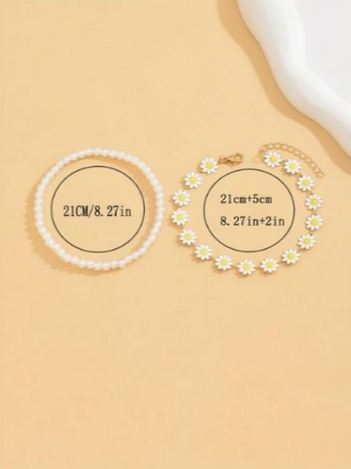 Fashionable White Pearl-Look Yellow Daisy Flower Beach Anklets - Image 4