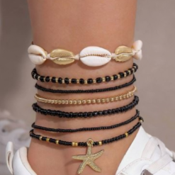 Minimalist Alloy Rice Bead, Rhinestone, Chain, Tassel Anklet Set