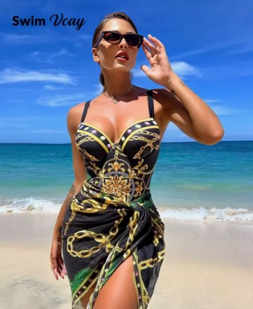 Multicolor Swimsuit Vcay Chain Print Push Up One Piece With Beach Skirt - Image 2