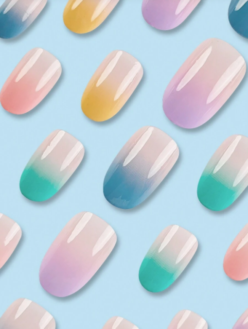 Short Elliptical Rainbow Gradient Design Manicure Set Press-On Nails - Image 2