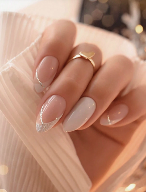 Glossy Almond Shaped Wearing Nails With White French Edges