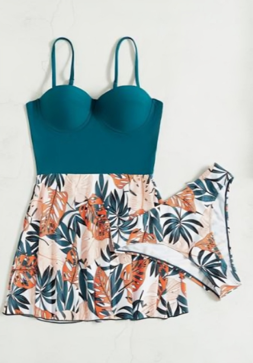 ⁦Multicolor Swim Summer Beach Tropical Print Push Up Swim Dress With Bikini⁩ - الصورة ⁦4⁩