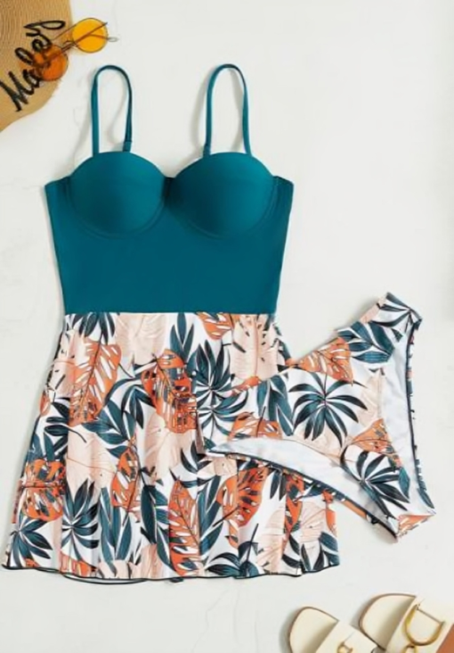 ⁦Multicolor Swim Summer Beach Tropical Print Push Up Swim Dress With Bikini⁩ - الصورة ⁦3⁩
