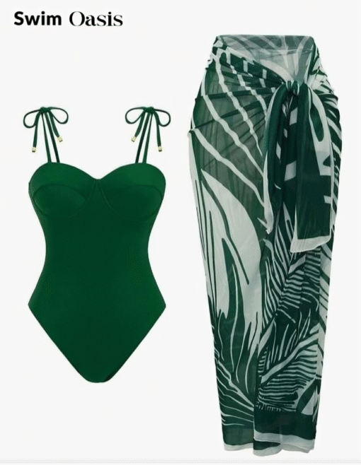 Dark Green Swimsuit Spaghetti Strap & Push-Up Design with Tropical Plant Print - Image 5