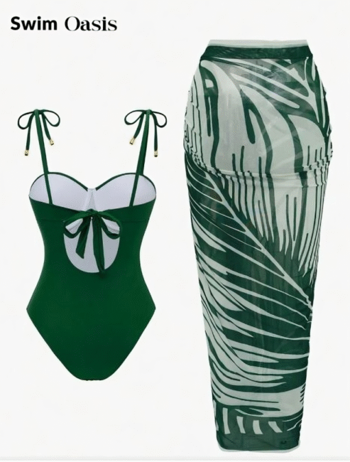 Dark Green Swimsuit Spaghetti Strap & Push-Up Design with Tropical Plant Print - Image 6