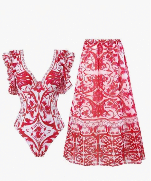 ⁦Chic Swimsuit V-Neck & Floral Print with Sexy Mini Skirt⁩ - الصورة ⁦5⁩