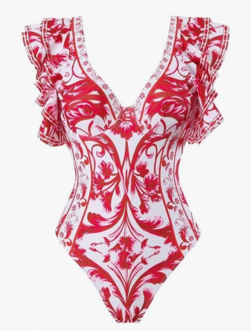 ⁦Chic Swimsuit V-Neck & Floral Print with Sexy Mini Skirt⁩ - الصورة ⁦7⁩