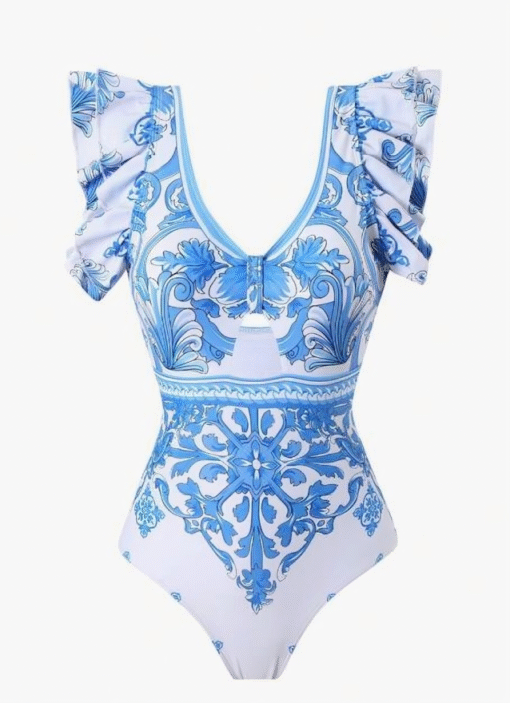 ⁦Chic Swimsuit V-Neck & Floral Print with Sexy Mini Skirt⁩ - الصورة ⁦4⁩