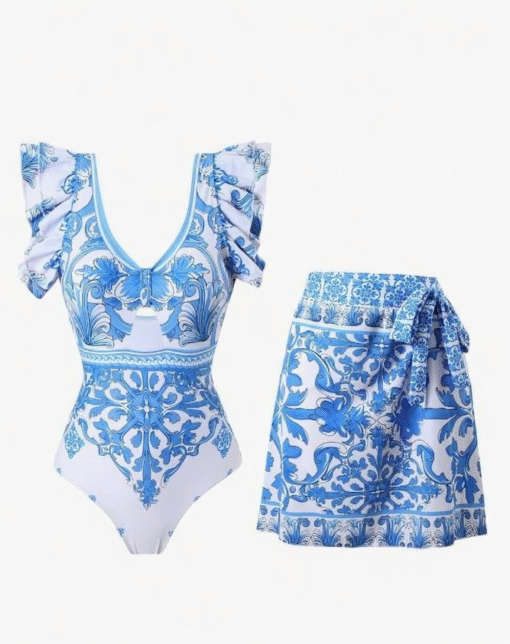 ⁦Chic Swimsuit V-Neck & Floral Print with Sexy Mini Skirt⁩ - الصورة ⁦2⁩