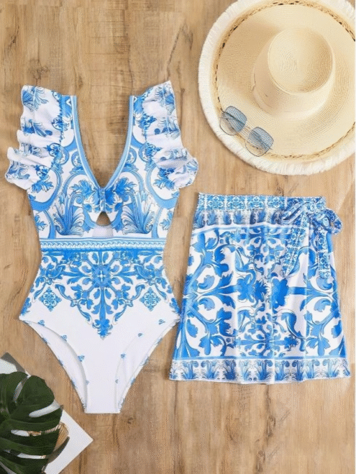 Chic Swimsuit V-Neck & Floral Print with Sexy Mini Skirt