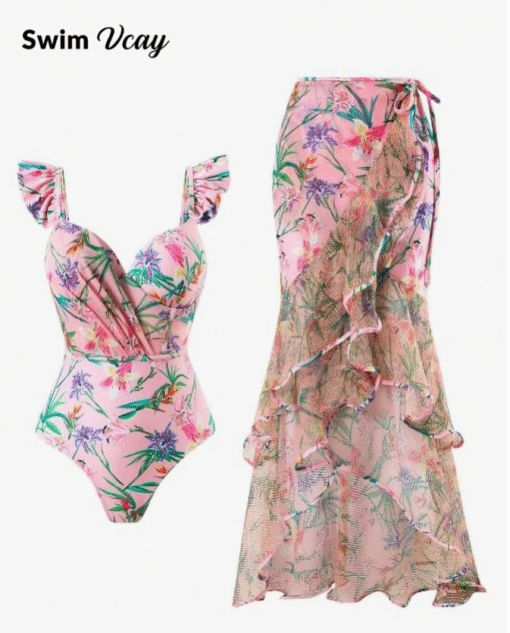 Pink Floral 2Pic Set Ruffle Hem Swimsuit & Sheer Mesh Cover-Up - Image 4