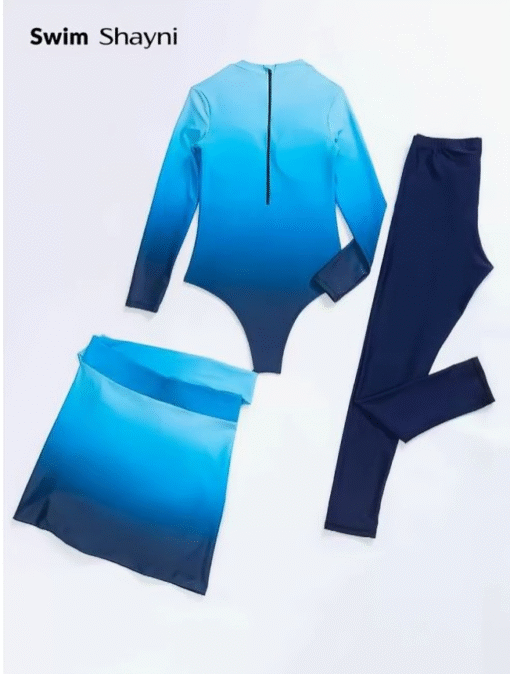 3-Piece Full Coverage Swimsuit Set Ombre Blue Modest Beachwear - Image 3