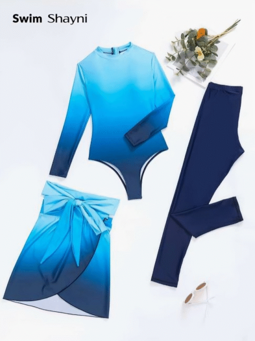 3-Piece Full Coverage Swimsuit Set Ombre Blue Modest Beachwear - Image 4