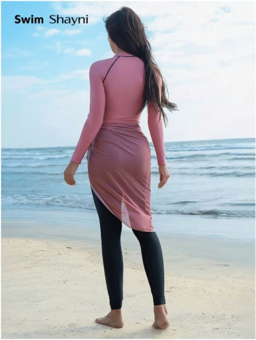 Modest Long Sleeve Swimsuit Set Pink Color block with Skirt Cover-Up - Image 2