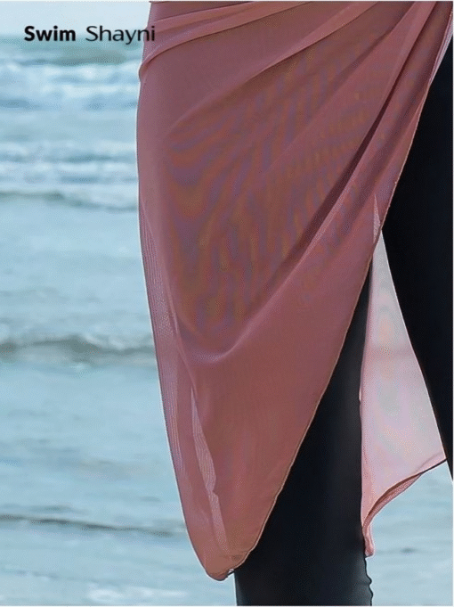 Modest Long Sleeve Swimsuit Set Pink Color block with Skirt Cover-Up - Image 4